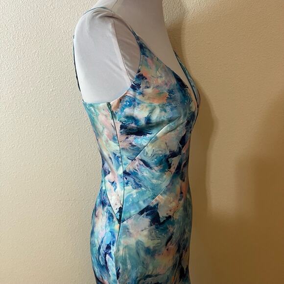 Liv Foster Womens US 4 Blue Pink Floral Abstract Ruffle V Neck Satin Maxi Dress - Picture 3 of 7